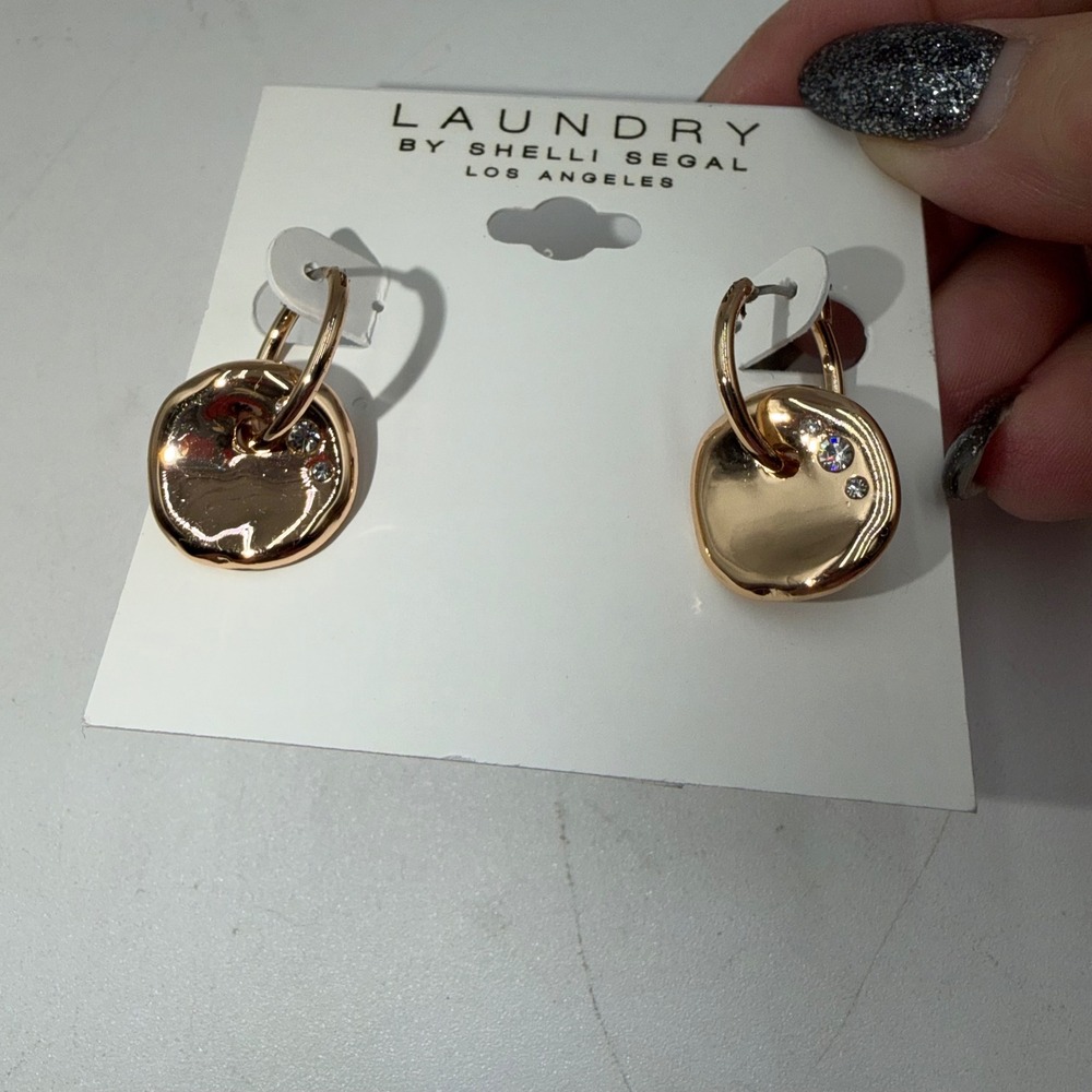 Laundry by Shelli Segal Rose Gold Hammered Disc Drop Earrings with Crystals
